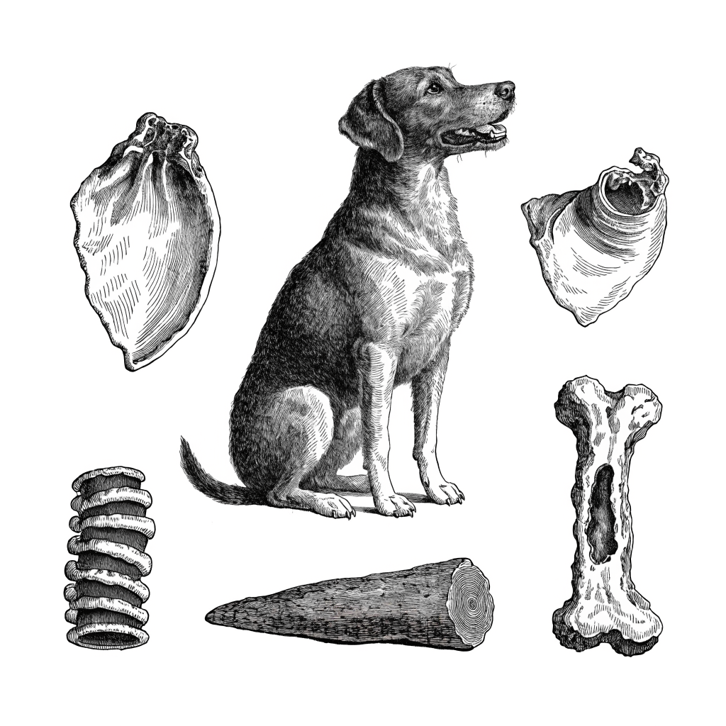Ilustración estilo grabado de perro con mordiscos naturales saludables Prandy
