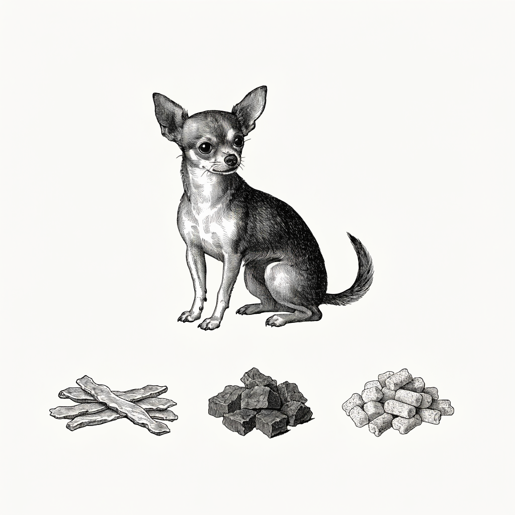 Ilustración estilo grabado de perro pequeño con porciones de snacks naturales deshidratados Prandy