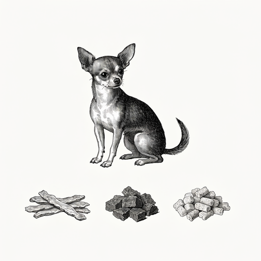 Ilustración estilo grabado de perro pequeño con porciones de snacks naturales deshidratados Prandy