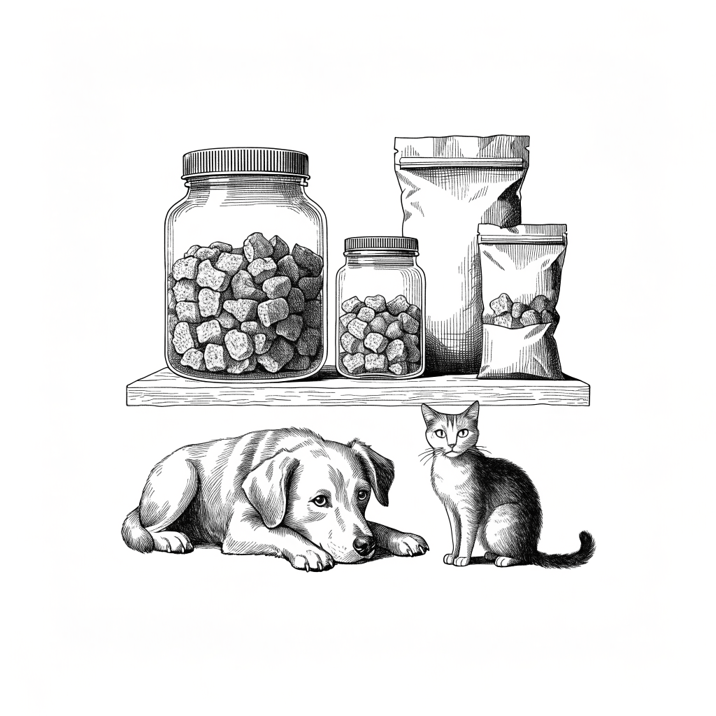Ilustración estilo grabado de premios naturales deshidratados almacenados en frascos para mascotas Prandy