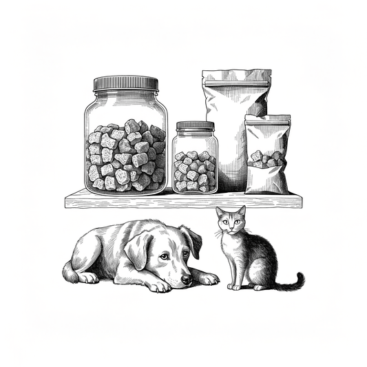 Ilustración estilo grabado de premios naturales deshidratados almacenados en frascos para mascotas Prandy