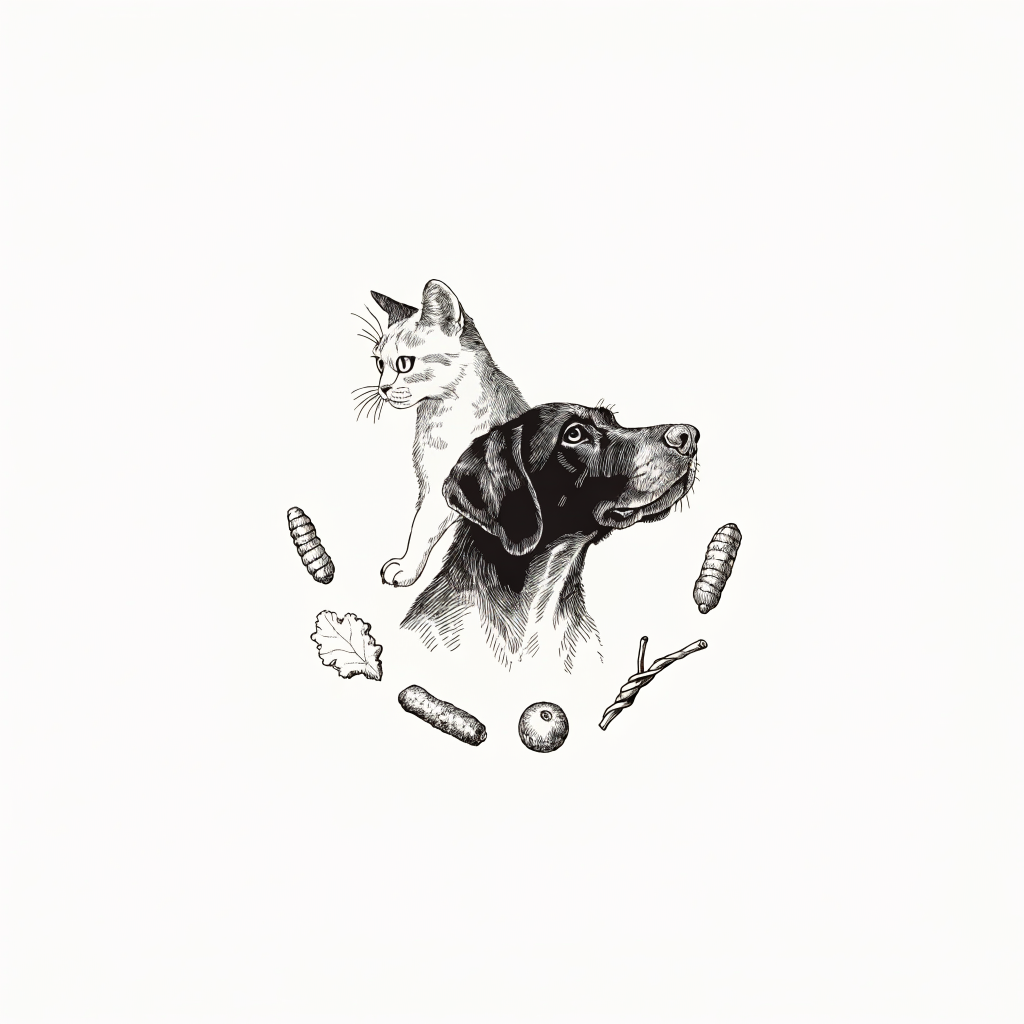 Ilustración estilo grabado de perro, gato y premios naturales Prandy