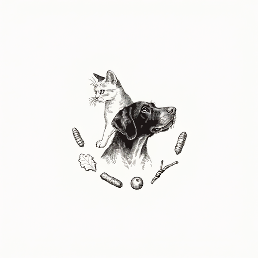 Ilustración estilo grabado de perro, gato y premios naturales Prandy