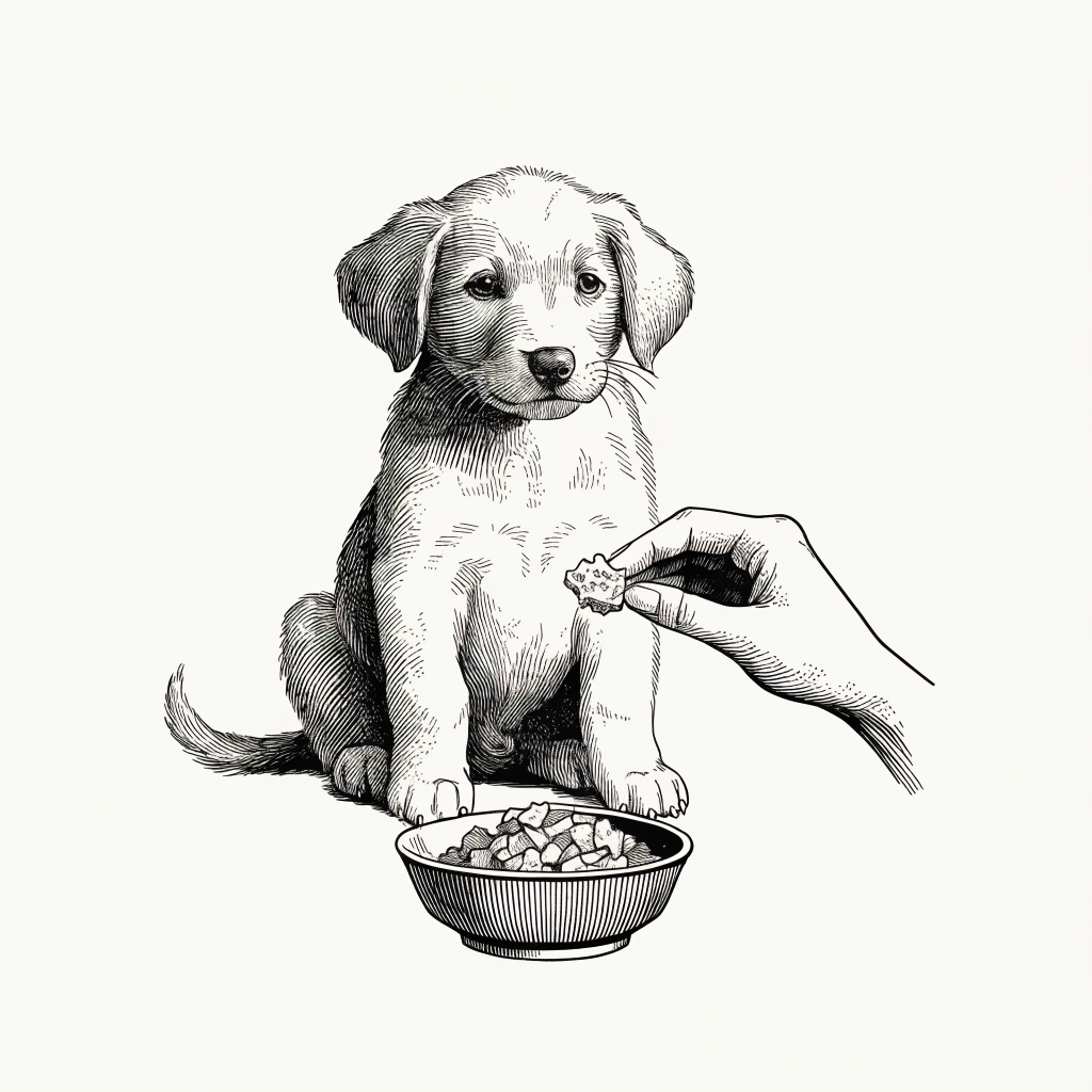 Ilustración estilo grabado de cachorro probando pequeños premios naturales deshidratados Prandy