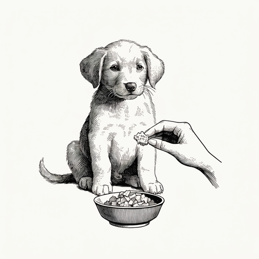 Ilustración estilo grabado de cachorro probando pequeños premios naturales deshidratados Prandy