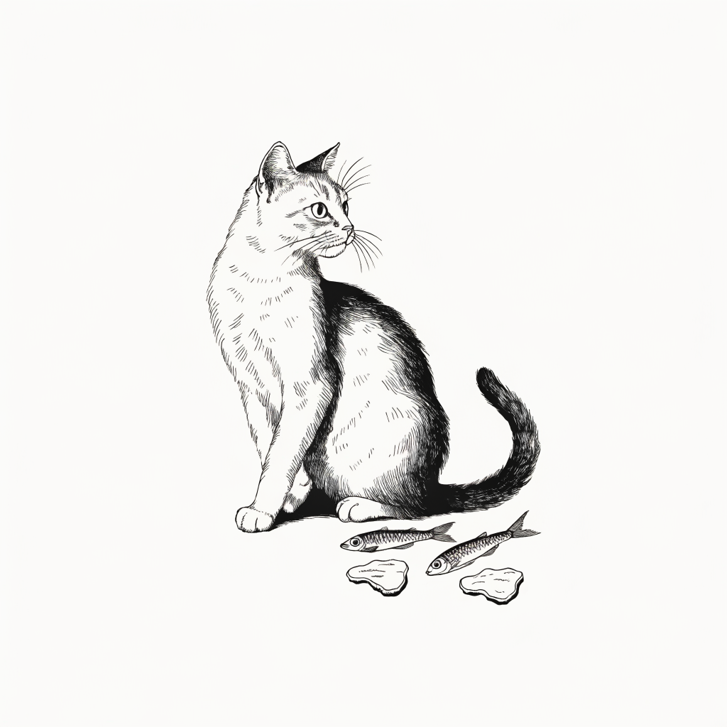 Ilustración estilo grabado de gato con premios naturales de pescado y pollo Prandy