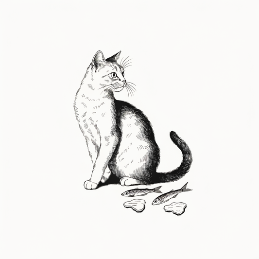 Ilustración estilo grabado de gato con premios naturales de pescado y pollo Prandy