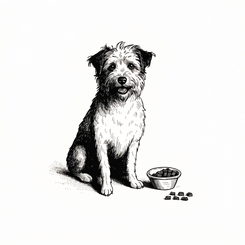 Ilustración estilo grabado de perro con porciones responsables de premios naturales Prandy
