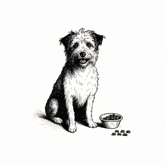 Ilustración estilo grabado de perro con porciones responsables de premios naturales Prandy