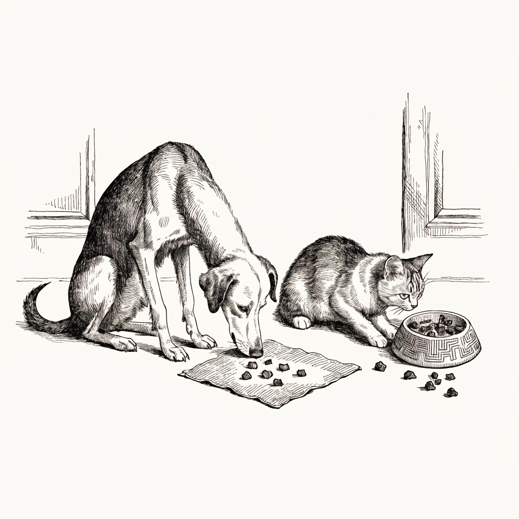 Ilustración estilo grabado de perro y gato usando premios naturales en rutina de enriquecimiento Prandy