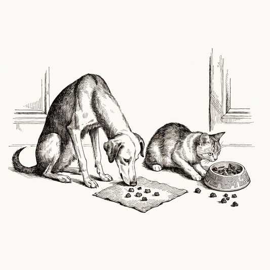 Ilustración estilo grabado de perro y gato usando premios naturales en rutina de enriquecimiento Prandy