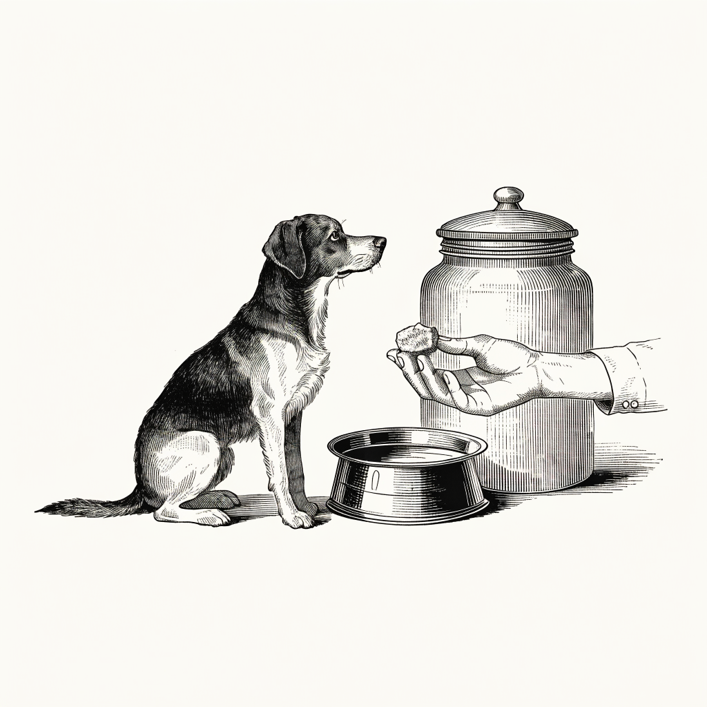 Ilustración estilo grabado de perro recibiendo un premio natural con supervisión y agua fresca Prandy