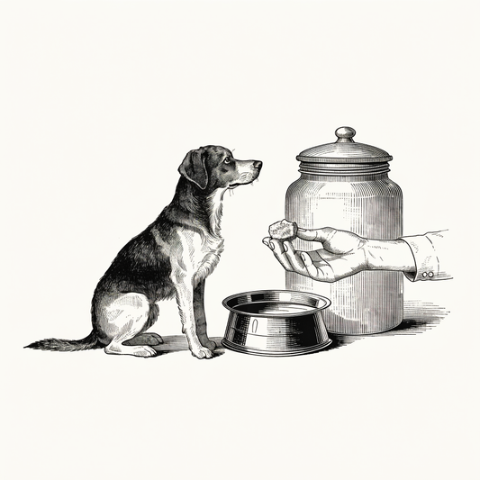 Ilustración estilo grabado de perro recibiendo un premio natural con supervisión y agua fresca Prandy