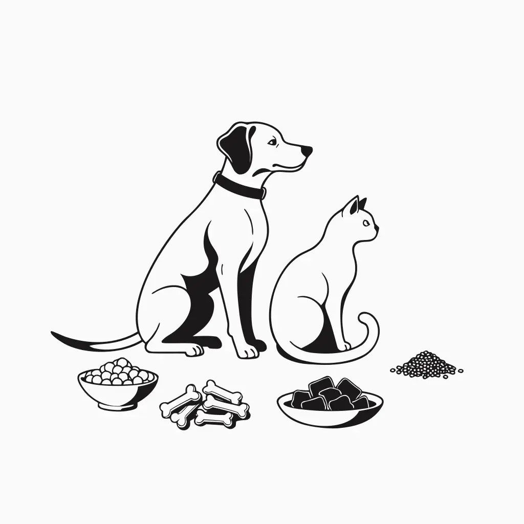 Ilustración estilo grabado de perro y gato con selección inicial de premios naturales Prandy