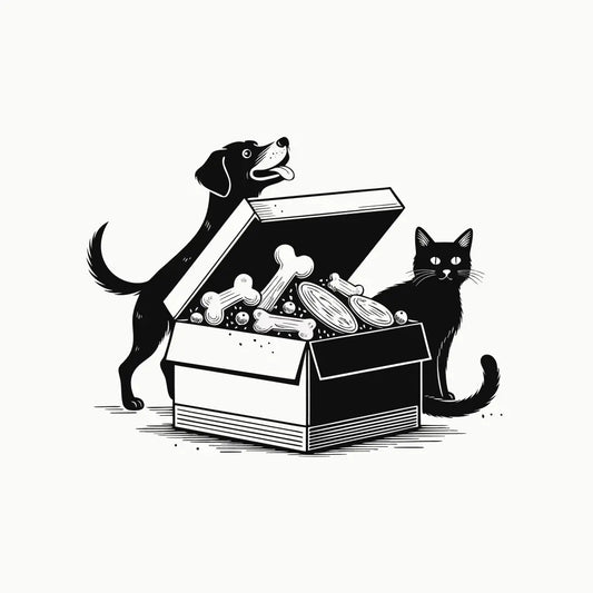 Ilustración estilo grabado de perro, gato y caja con Kits Prandy de premios naturales