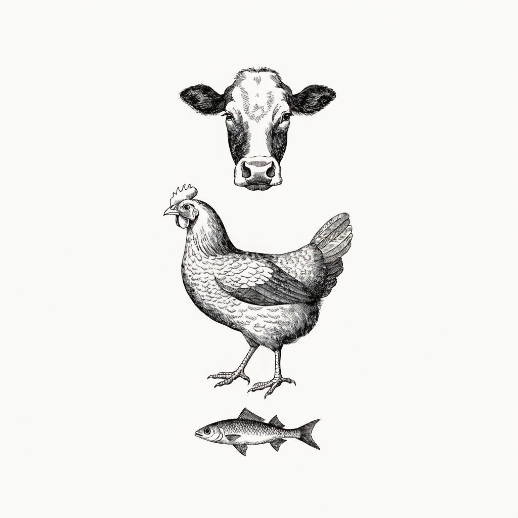 Ilustración estilo grabado de proteínas naturales para mascotas Prandy