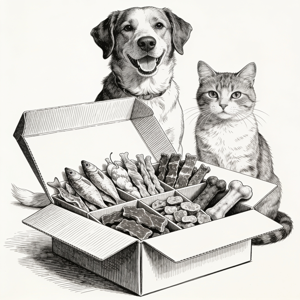 Ilustración estilo grabado de perro, gato y caja con kits de premios naturales Prandy