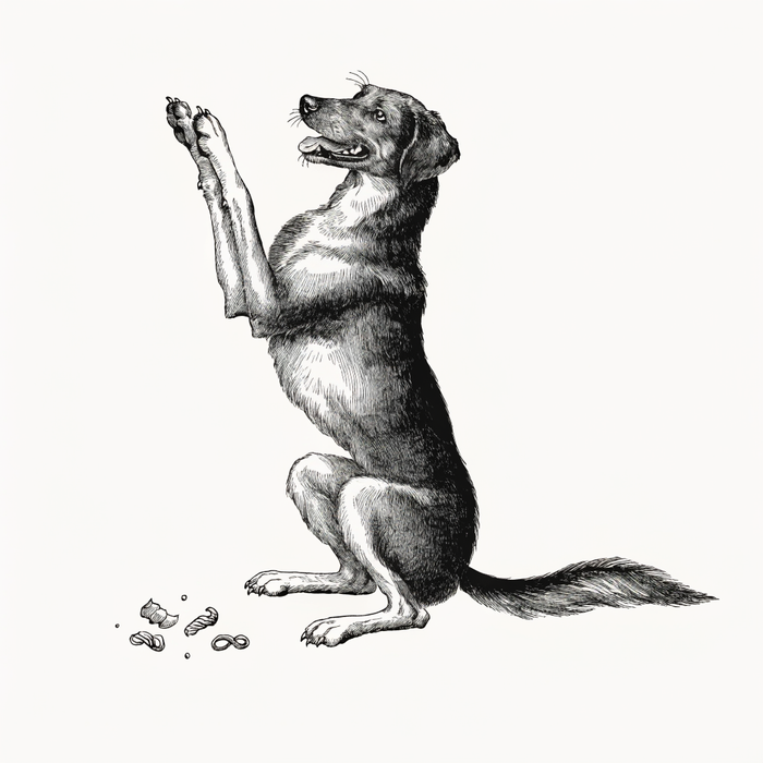 Ilustración estilo grabado de perro entrenando con premios Prandy